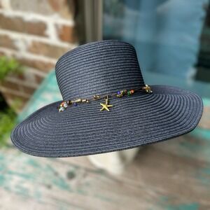 HBY Miami Paper Straw Sun Hat Women's One Size Blue Sea‎ Charms Beaded Trim EUC